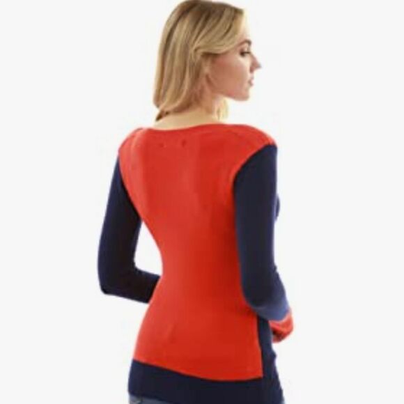 ☔️🩵PattyBoutik Blue & Orange Colorblock Boatneck Sweater Large - Picture 3 of 12